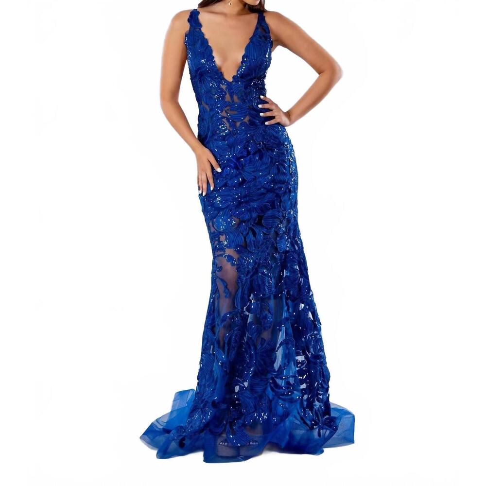 NEW STELLA COUTURE deep v-neck prom dress in royal